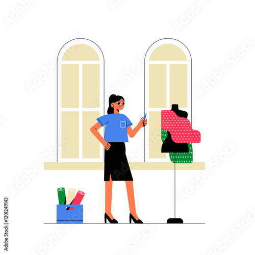 Female Fashion Designer Working On A Dress In Flat Vector Illustration Symbolizing Creativity, Sewing, And Tailoring, Isolated On White Background
