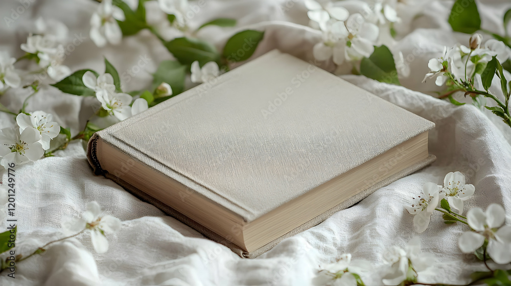 Fototapeta premium A closed book mockup placed on a soft linen surface, surrounded by delicate white flowers, perfect for design or publishing projects.