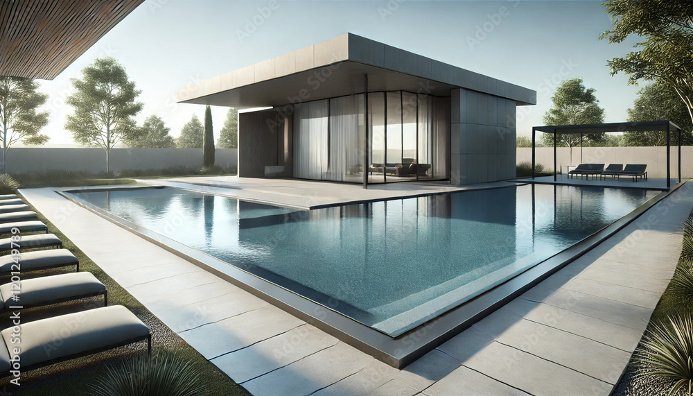 Fototapeta premium A large pool with a house in the background. The pool is surrounded by a white fence. There are several lounge chairs around the pool