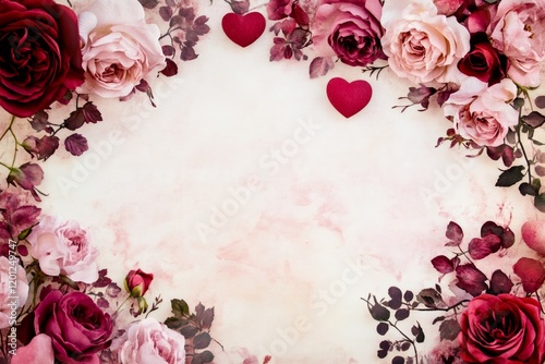 Pink and red roses and heart shapes create a romantic border on a textured background, perfect for valentine's day projects