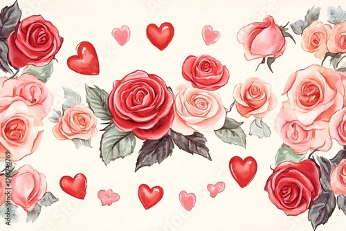 Watercolor painting showcasing a romantic border of red and pink roses intertwined with hearts, perfect for valentine's day designs