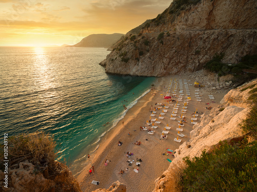 Fototapeta Naklejka Na Ścianę i Meble -  Wonderful view of Kaputas beach at sunset. Antalya's most famous salils. Turkey's Mediterranean coast. Kalkan Kas road. Antalya province. Turkey country