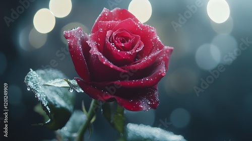 A single dew covered red rose blooms beautifully