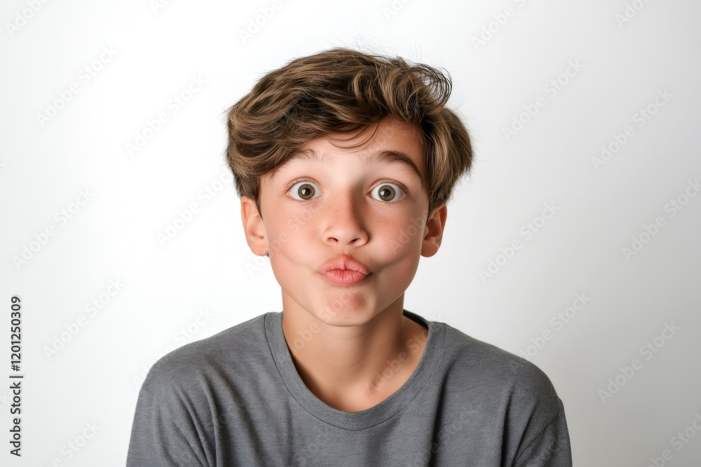 Young boy with brown hair making a funny face and pouting lips while standing on white background Young boy with brown hair making a funny face and pouting lips while standing on white background