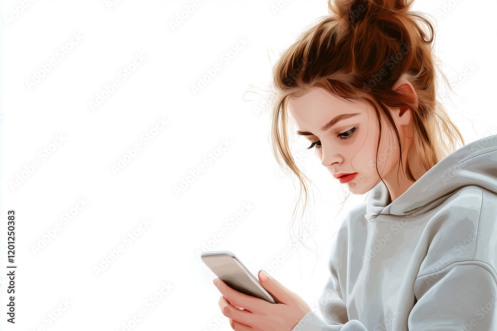 Young woman wearing a hooded sweatshirt using a mobile phone with a bored expression on a white background Young woman wearing a hooded sweatshirt using a mobile phone with a bored expression on a white background