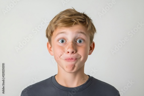 Portrait of a teen boy making a funny face, expressing playfulness and humor against a white background