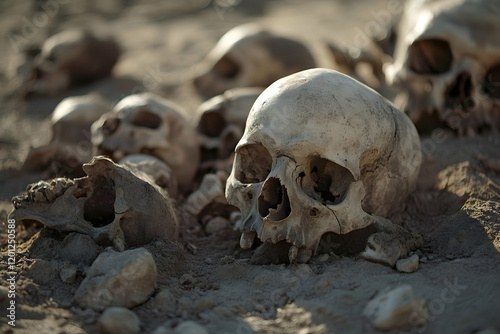 Scattered human skulls and bones on dusty ground, representing themes of war and extinction photo