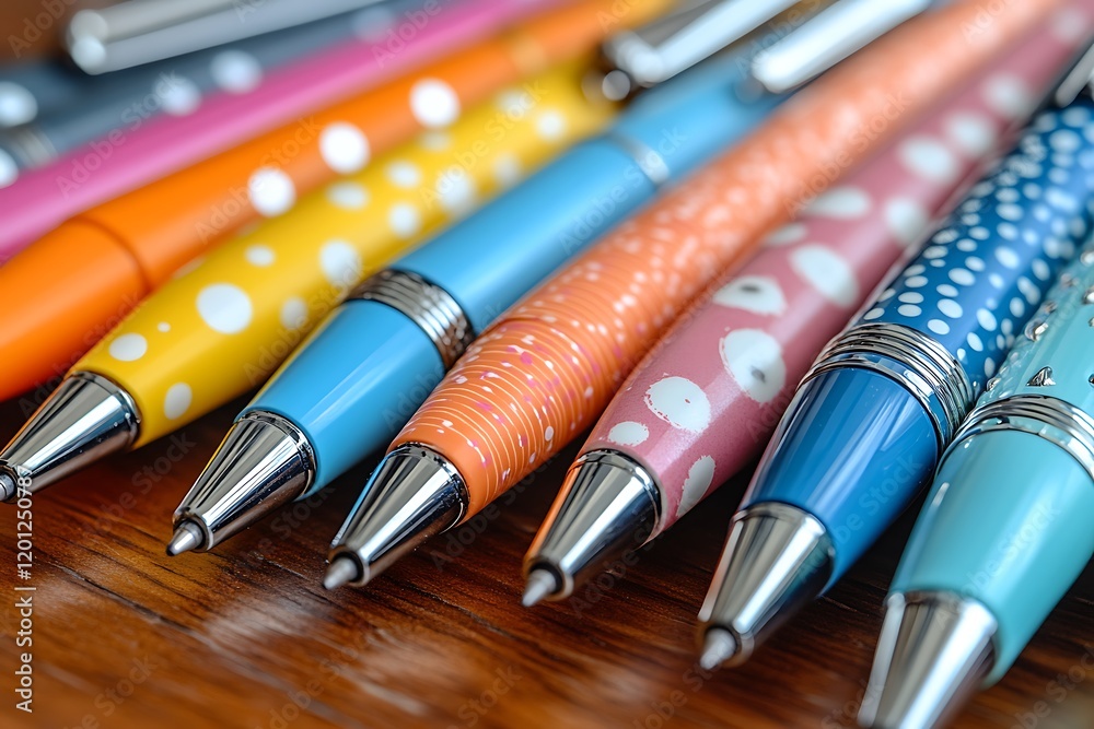 Fototapeta premium A close-up of colorful pens with various patterns on a wooden desk.