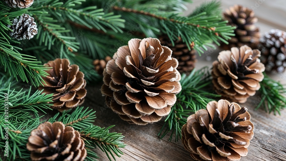 Winter pinecone decoration on a wooden background evokes a festive Christmas season Winter pinecone decoration on a wooden background evokes a festive Christmas season