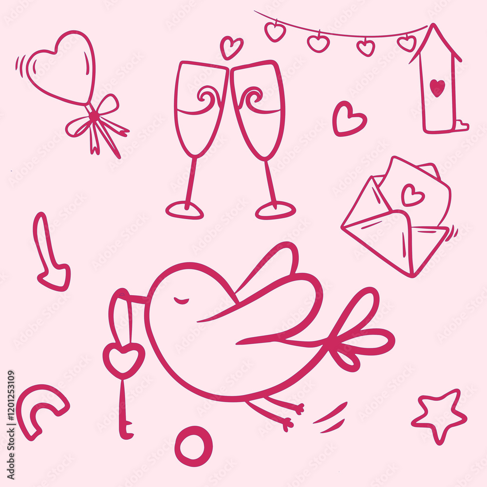 Vector pink line illustration in doodle technique with bird with key, heart-shaped candy, glasses, house, letter, packaging design Vector pink line illustration in doodle technique with bird with key, heart-shaped candy, glasses, house, letter, packaging design