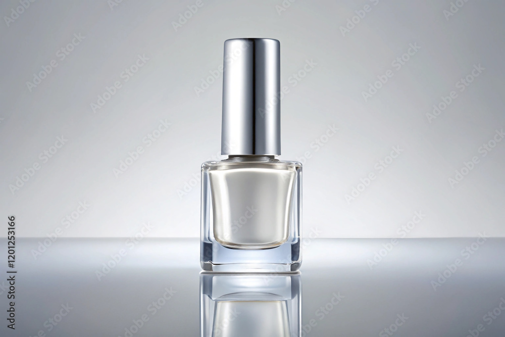 A bottle with a silver cap nail polish. cosmetics advertising mock up. nail polish in glass bottle isolated on white background A bottle with a silver cap nail polish. cosmetics advertising mock up. nail polish in glass bottle isolated on white background