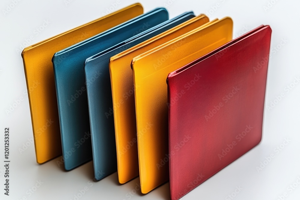 A collection of bright and vibrant folders arranged neatly on a clean white surface A collection of bright and vibrant folders arranged neatly on a clean white surface