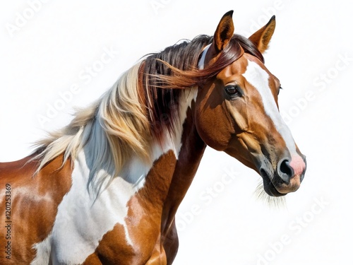 Majestic Brown and White Noble Horse Close-Up, Isolated on White Background