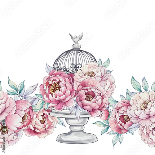 Soft hues of pink and white peonies entwine gracefully around a charming birdcage, showcasing natures beauty and artistry seamless pattern, ornament photo