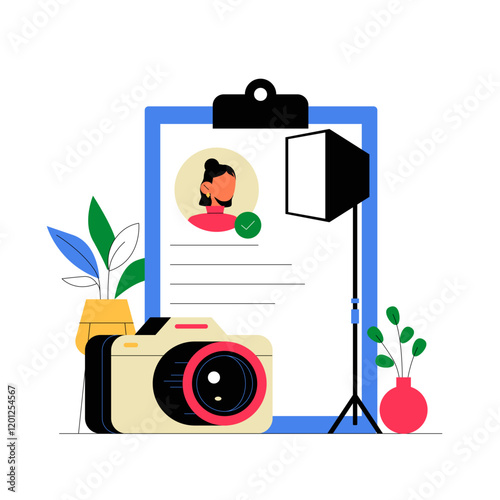 Photography Portfolio Setup With Camera, Lighting Equipment, And Clipboard In Flat Vector Illustration Symbolizing Professional Photo Studio, Isolated On White Background.