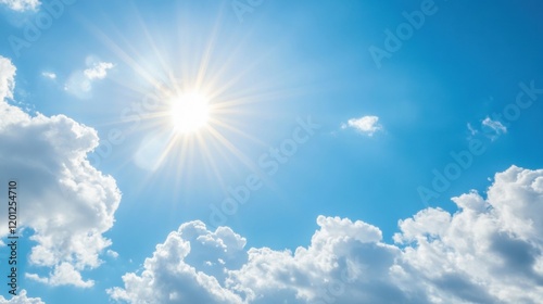 The bright sun illuminates fluffy clouds while casting a warm glow on the tranquil sky during midday