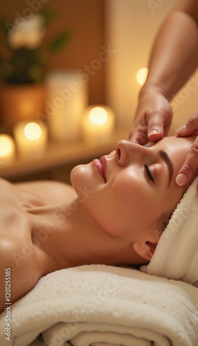 Woman receiving facial massage in candlelit spa