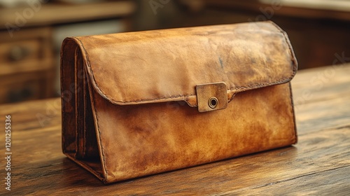 A brown leather bag sits on top of a wooden table, ready to be used