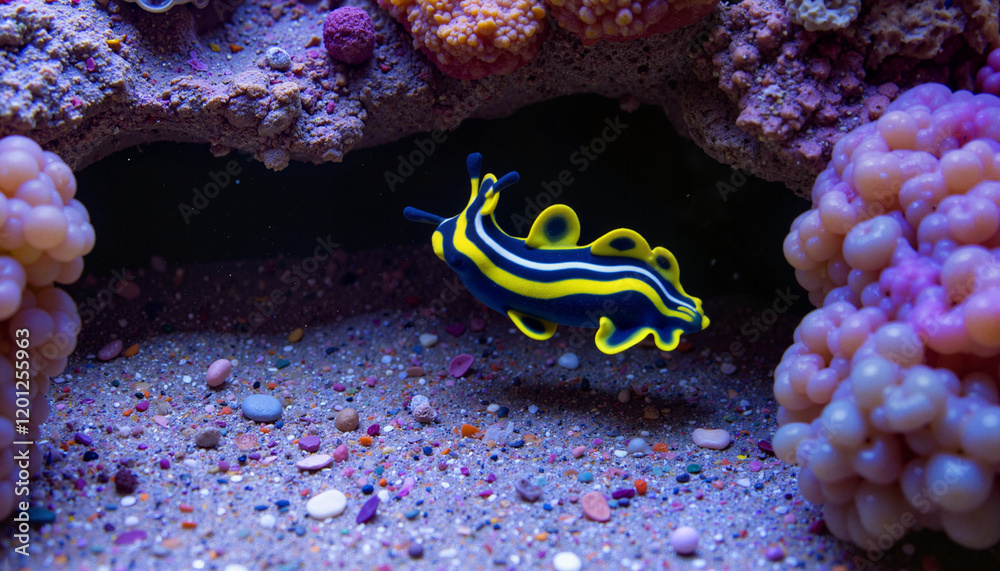 Fototapeta premium Vibrant nudibranch exploring coral crevice, underwater beauty