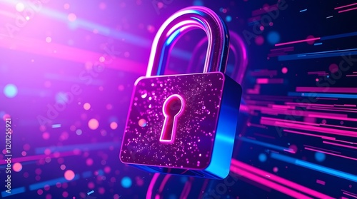 digital background for cybersecurity or computer security. A digital lock, protects data, glowing padlock	