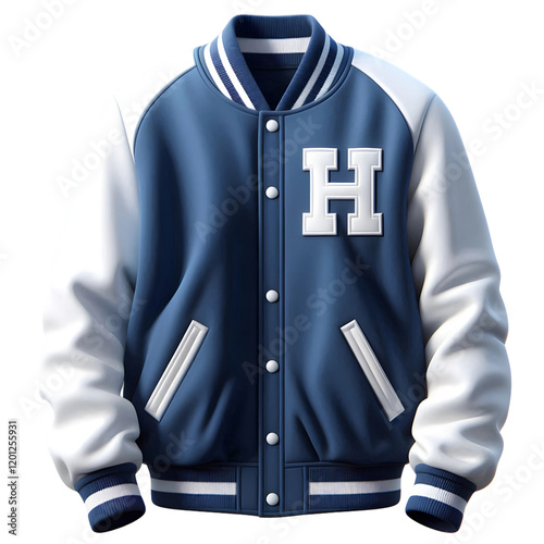 A blue and white varsity jacket with a large H on the front, isolated against a black background.