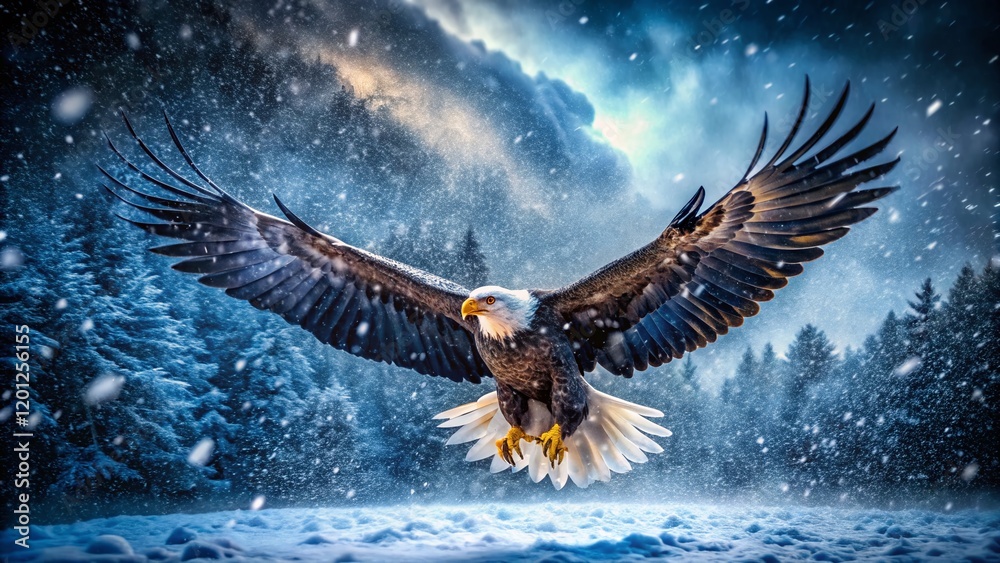 Fototapeta premium Majestic Eagle Soaring Through a Snowstorm: Breathtaking Winter Wildlife Photography