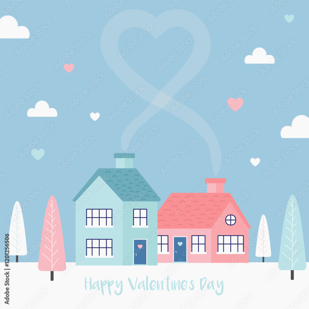 Minimalistic card for Valentine's Day. Concept of loving houses. Vector flat illustration Minimalistic card for Valentine's Day. Concept of loving houses. Vector flat illustration
