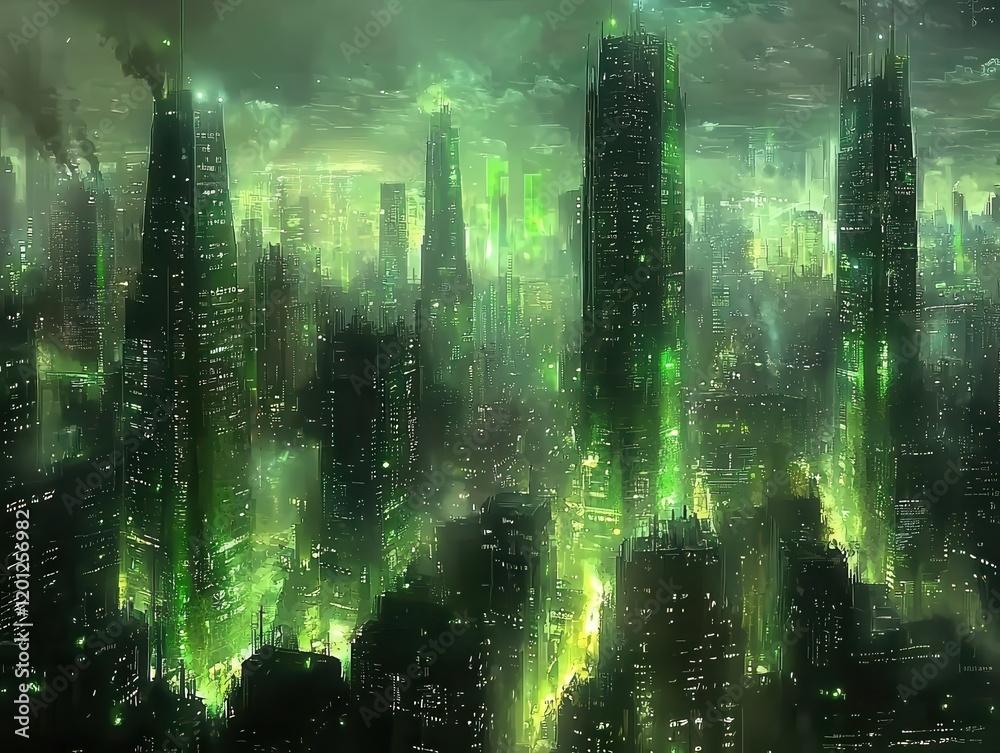 A cyberpunk industrial district illuminated by flashing neon lights and radiant steam vents. Towering metallic buildings stretch into the sky, their surfaces covered in glowing pipes and conduits. 