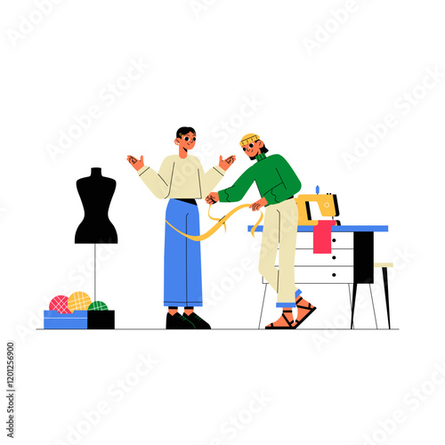 Fashion Designers Working In Flat Vector Illustration Symbolizing Creativity And Clothing Design, Isolated On White Background