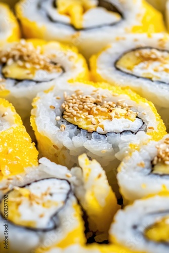 A plate of sushi rolls with different fillings and garnishes, ideal for food and culinary concept images photo