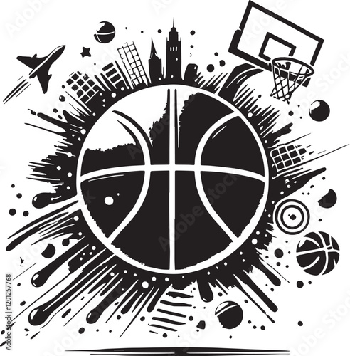 Black Color Basketball Silhouette Vector Illustration, Solid White Background