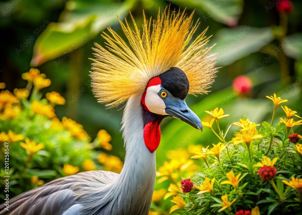 Fototapeta premium Majestic Grey Crowned Crane in Lush Garden - Macro Photography