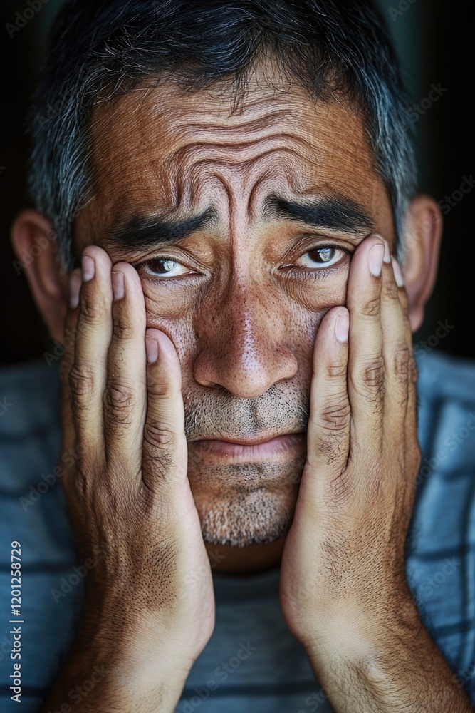 Fototapeta premium A person with a shocked or concerned expression hiding their face with their hands