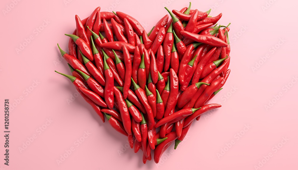 Naklejka premium A vibrant heart shape meticulously crafted from numerous red chili peppers against a soft pink background, a passionate and spicy Valentine's Day image.