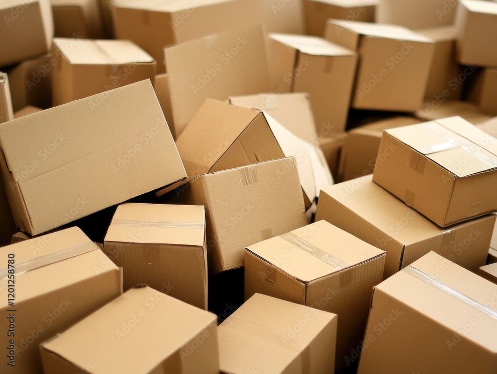 A Large Group of Cardboard Boxes Stacked in a Room, Ready for Delivery
