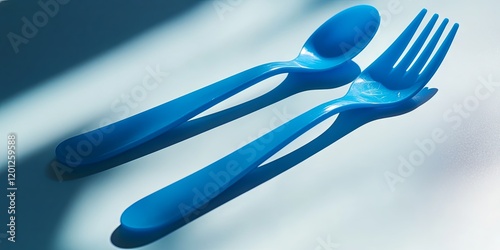 Blue Plastic Fork and Spoon on White Background photo