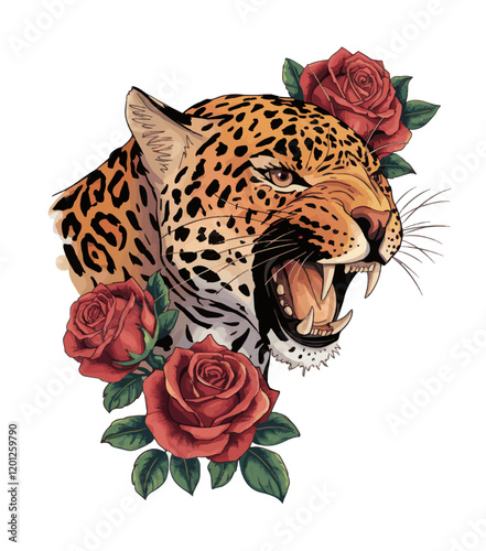 A vividly illustrated leopard with a fierce expression
