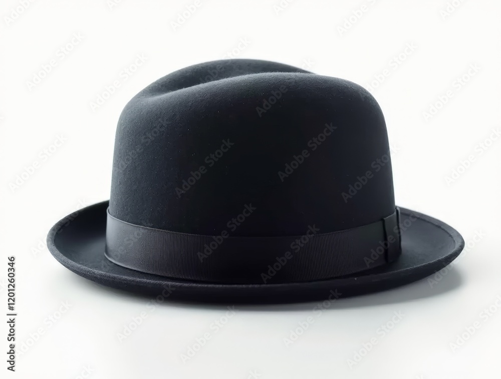 Classic black bowler hat displayed on a clean white surface in soft lighting