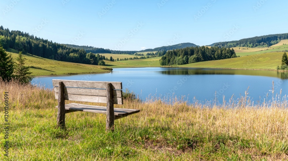 Serene lakeside view with a wooden bench for relaxation. Serene lakeside view with a wooden bench for relaxation.