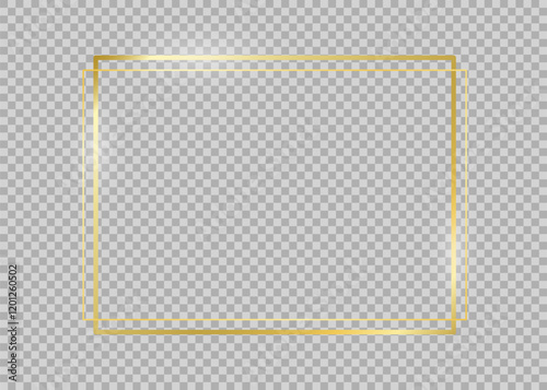 Decorative gold rectangle frame from line for note text. Vintage rectangular shape. Highlight and underline text box decorative. Golden line border. Vector with checkers background illustration
