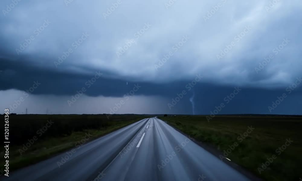 Stormy highway, lightning strike, flatlands, travel danger