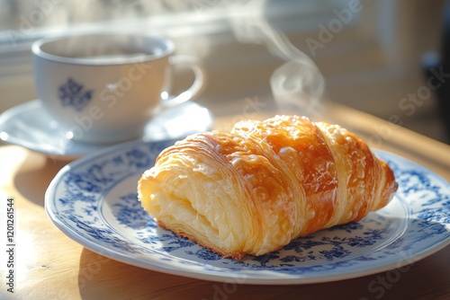 Freshly baked croissant on a decorative plate beside a steaming cup of coffee