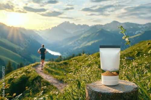 Powder packet with mountain views and runner path