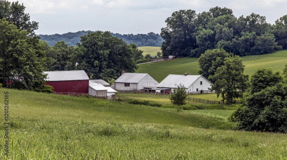 Obraz premium classic american farm, scenic rural view, green fields and barns, scenic countryside farms, countryside with farmhouses, simple farm life, picturesque rural landscape, green countryside view, farm bui