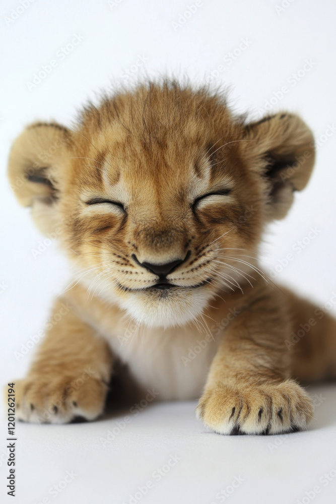 Adorable lion cub with closed eyes captured on a bright day, showcasing its playful innocence and fluffy fur. Adorable lion cub with closed eyes captured on a bright day, showcasing its playful innocence and fluffy fur.