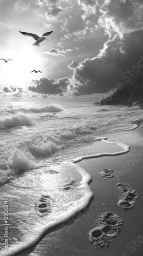Waves crashing on a sandy beach under a dramatic sky filled with clouds and s...