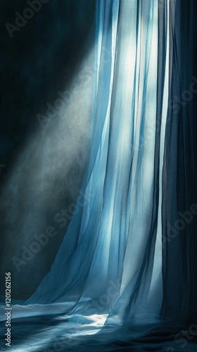Draped blue fabric creates a striking focal point in an artistic indoor space