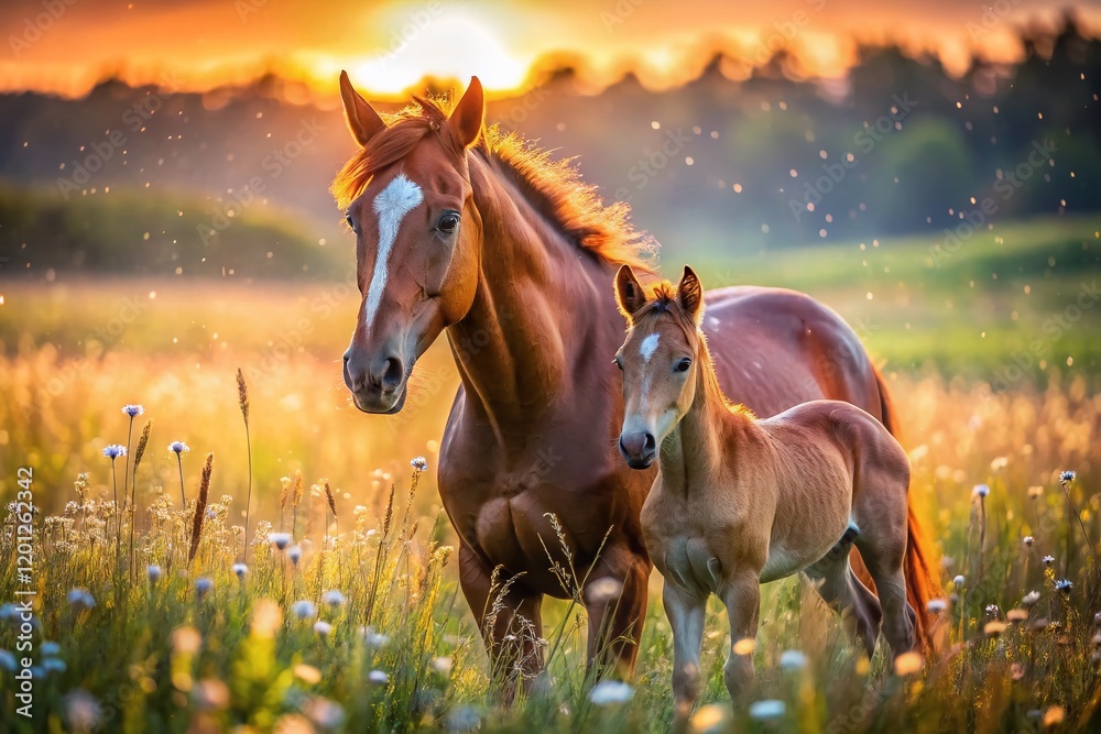 Fototapeta premium Majestic Mare and Foal at Dusk: Golden Hour Meadow Scene