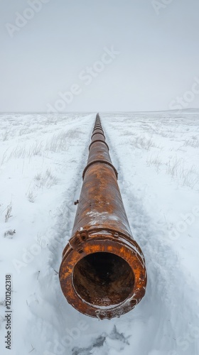 Long abandoned pipeline stretches across a snowy winter landscape under a cle...
