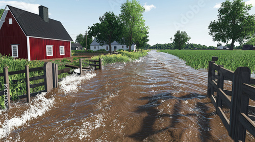 Floodwaters inundate farmland, surging past rural homes and fences